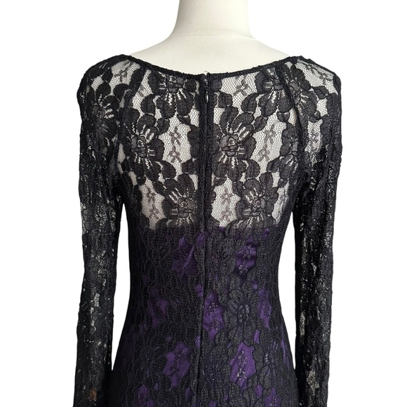 DAVID MEISTER Black Lace Cocktail Dress Beaded Cuffs, Purple Lining Size 6 - Picture 7 of 16